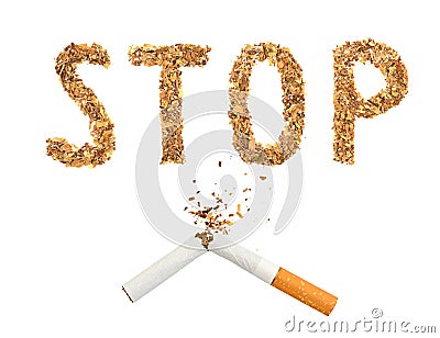 The broken cigaret and word stop made of tobacco Stock Photo