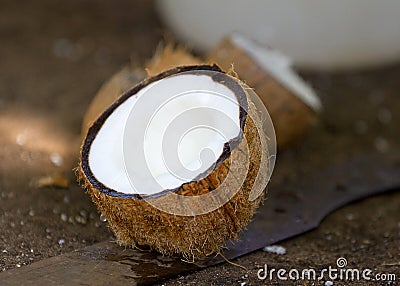 Broken coconut in closeup Stock Photo