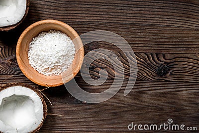 Broken coconut for food on wooden table background top view space for text Stock Photo