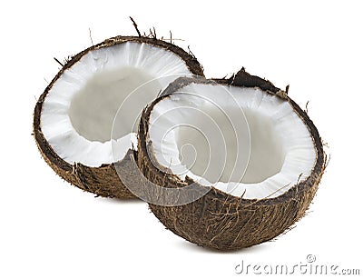 2 broken coconut half pieces isolated on white Stock Photo