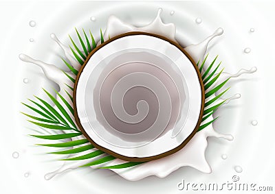 Broken coconut in milk splash Vector Illustration