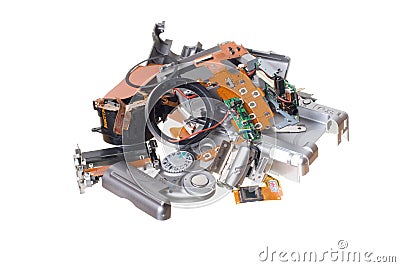 Broken compact digital camera spare parts isolated on white Stock Photo