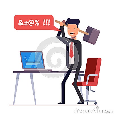 Broken computer with a blue screen of death. Computer virus. An angry businessman or manager with a sledgehammer in his Vector Illustration