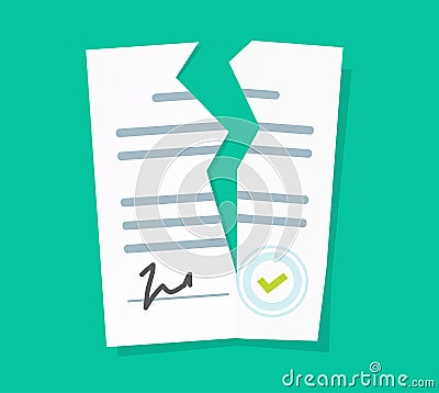 Broken contract vector or breach of agreement flat cartoon icon, idea of expired legal signed document, deal termination Vector Illustration