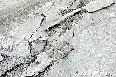 Broken cracked asphalt pavement in Russia. Stock Photo