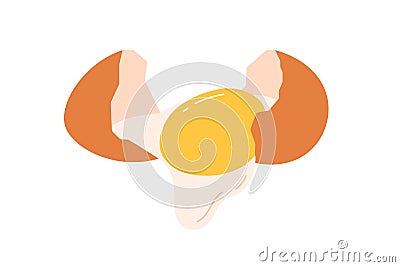 Broken cracked chicken egg, brown shell with liquid raw protein, yolk. Breaking split smashed eggshell with uncooked Vector Illustration