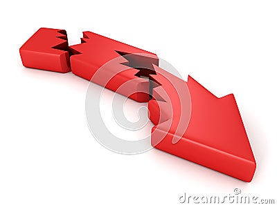 Broken cracked crisis red arrow on white background Stock Photo
