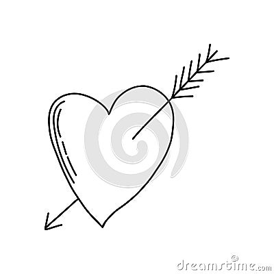 Broken cracked heart with arrow through in hand drawn doodle style. Simple cute vector illustration. Valentine's day Vector Illustration