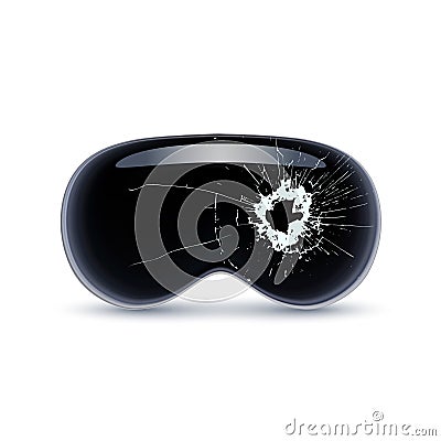 Cracked VR vision pro glasses. Broken damaged virtual reality headset. Realistic 3D vector Illustration. Vector Illustration
