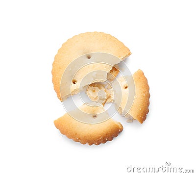 Broken delicious crispy cracker isolated on white, top view Stock Photo