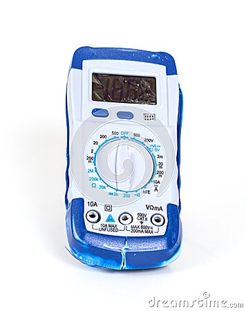 Broken Digital multimeter on white Stock Photo