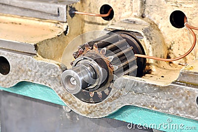 Broken and disassembled cnc machine. Repair of mechanical metalworking equipment Stock Photo