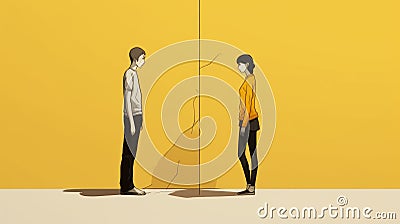 Broken Door: A Perspective Rendering Of A Couple's Psychological Phenomena Cartoon Illustration