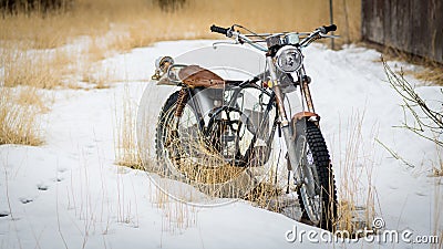 Broken down motorcycle in the show with no engine and rusted Stock Photo