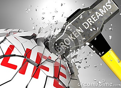 Broken dreams and destruction of health and life - symbolized by word Broken dreams and a hammer to show negative aspect of Broken Cartoon Illustration