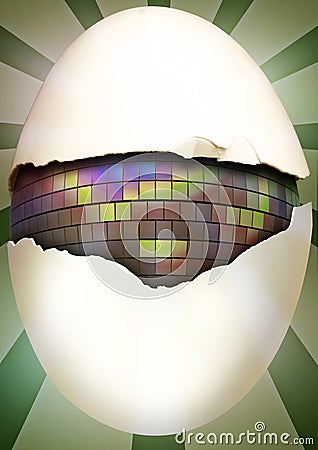 broken Easter Egg with Mirror Ball inside before a striped Background Stock Photo