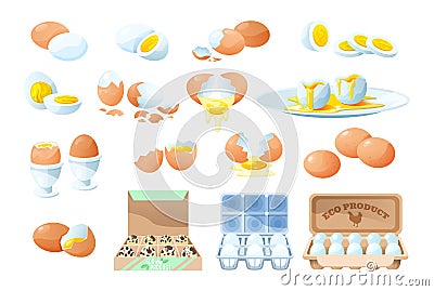Broken eggs with cracked eggshell, in cardboard box, egg half with yolk, boiled and fried, form for food Vector Illustration
