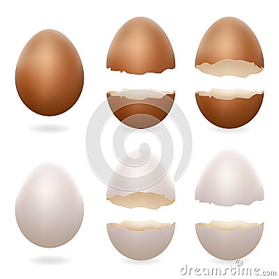 Broken eggs cracked open easter eggshell design 3d realistic icons set isolated vector illustration Vector Illustration