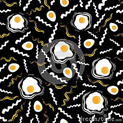 Broken eggs seamless pattern. Scrambled eggs. Breakfast background. Hipster Fashion Style Geometric Pattern. Vector Illustration