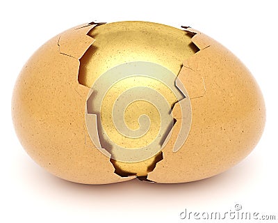 Broken eggshell with golden egg inside Stock Photo