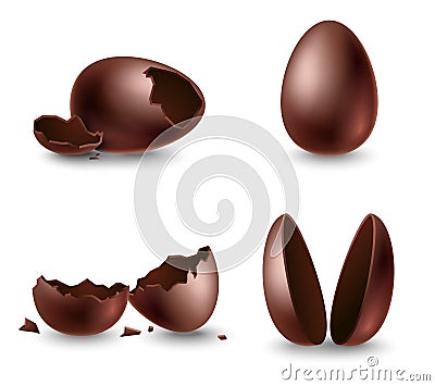 Broken eggshell, two halves and whole chocolate eggs Vector Illustration