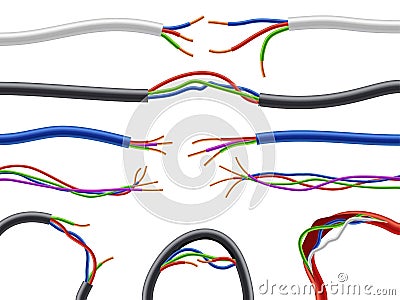 Broken electric cables. Damaged realistic power wires. Different curved flexible shapes with sticking torn connections Vector Illustration