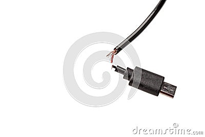 broken electrical cable with protruding wires and contacts isolated on white Stock Photo