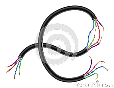 Broken electrical copper wire or cord. Damaged electric power cable. Torn wire with bare wire. Danger electric problem Vector Illustration