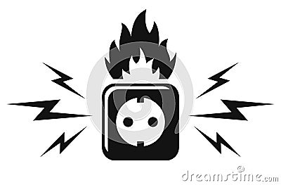 Broken electrical outlet, electric shock and fire hazard sign Vector Illustration