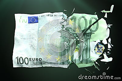 Broken Euro paper money on a green background Stock Photo