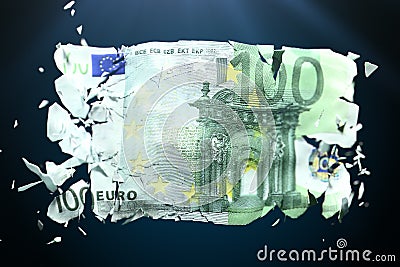 Broken Euro paper money on a green background Stock Photo