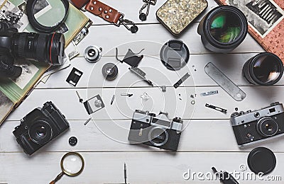 Broken film camera component repair and maintenance of photographic equipment concept Stock Photo