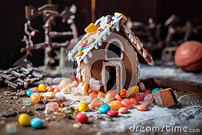 broken gingerbread house with crumbs and candies Stock Photo