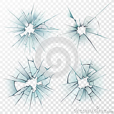 Broken glass. Cracked texture on mirror, smashed windows or damaged car windshield. Realistic crack hole vector set Vector Illustration