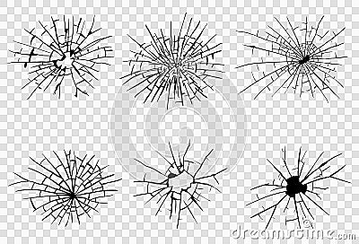 Broken glass, cracks, bullet marks on glass. High resolution. Vector illustration. Texture glass with black hole on Vector Illustration