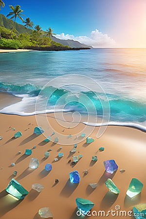 A broken glass effect of a beautiful beach in Hawaii, blue sea, sky, clouds, waves, sands, tree, dreams travel, printable, natural Stock Photo