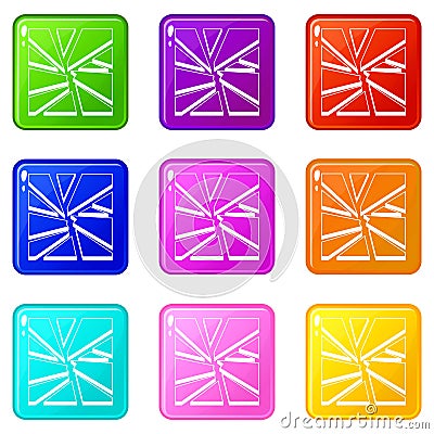 Broken glass icons 9 set Vector Illustration