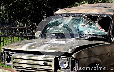 broken windshield of the paramedics machine. The texture of broken glass. Armored vehicle paramedics. Editorial Stock Photo