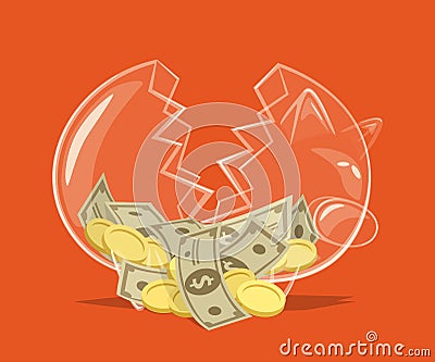 Broken glass piggy bank Vector Illustration