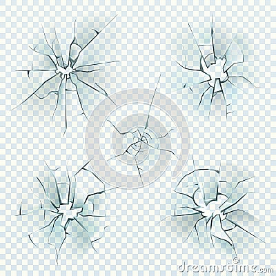 Broken glass. Realistic cracked crushed deforming mirrors crash ice, shattered screen window, bullet glass hole. Vector Vector Illustration