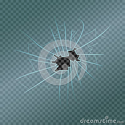 Broken glass with realistic fragments, cracks and hole. Damaged window. Vector. Vector Illustration