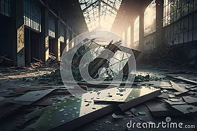 broken glass scattered across abandoned factory floor, symbolizing the destruction of manmade structures Stock Photo