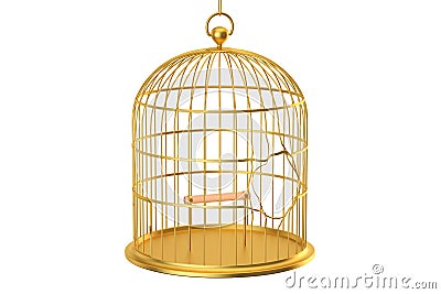 Broken golden bird cage, 3D rendering Stock Photo