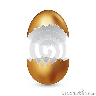 Broken golden egg on white background. Cracked golden shell. Broken egg on white. Surprise gift concept. Vector Vector Illustration