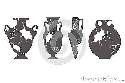 Broken greece vase set. Ancient pottery isolated on white background. Vector illustration. Vector Illustration