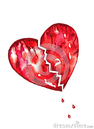 Broken Heart With Blood Droplets Watercolor Stock Photo