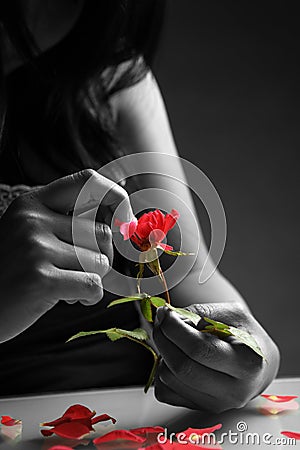Broken heart girl picking rose petals Stock Photo