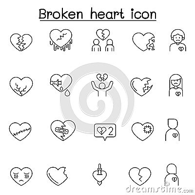 Broken heart, heartbreak icon set in thin line style Stock Photo