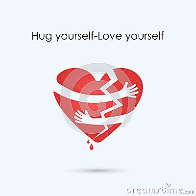 Broken heart icon.Hug yourself or Love yourself logo. Vector Illustration