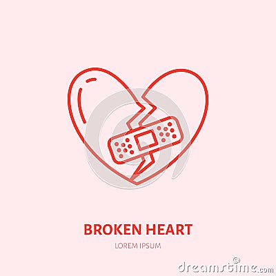 Broken heart illustration. Heartbreak flat line icon, relationship problem. Break up sign Vector Illustration